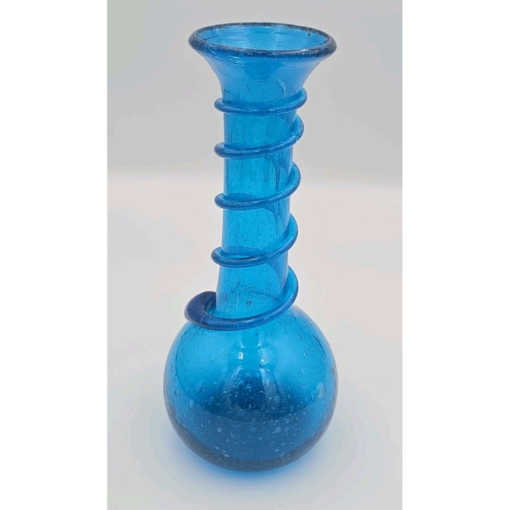 Transparent Bubbled Blue Hand Blown Art Glass Coiling Swirl 7½ Tall Vase